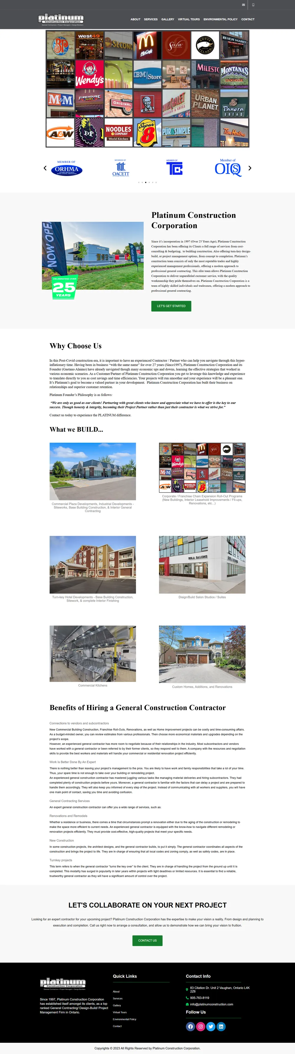 Ancien site WordPress de Platinum Construction — page d'accueil chargée